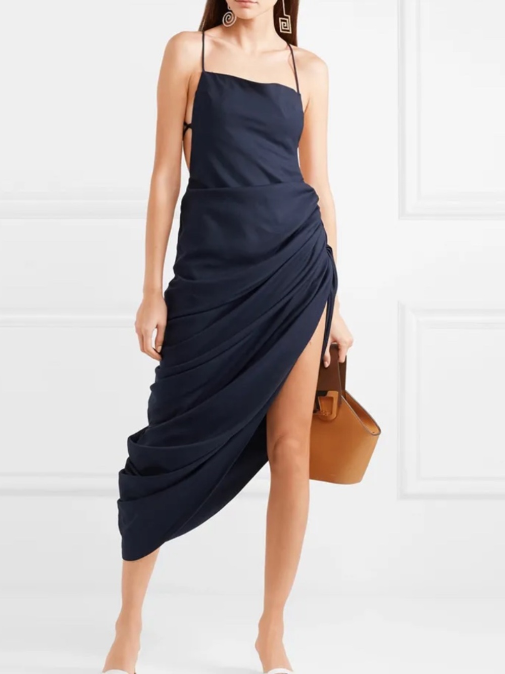 JACQUEMUS Saudade Ruched Asymmetric Wool-Twill Midi Dress Size FR40